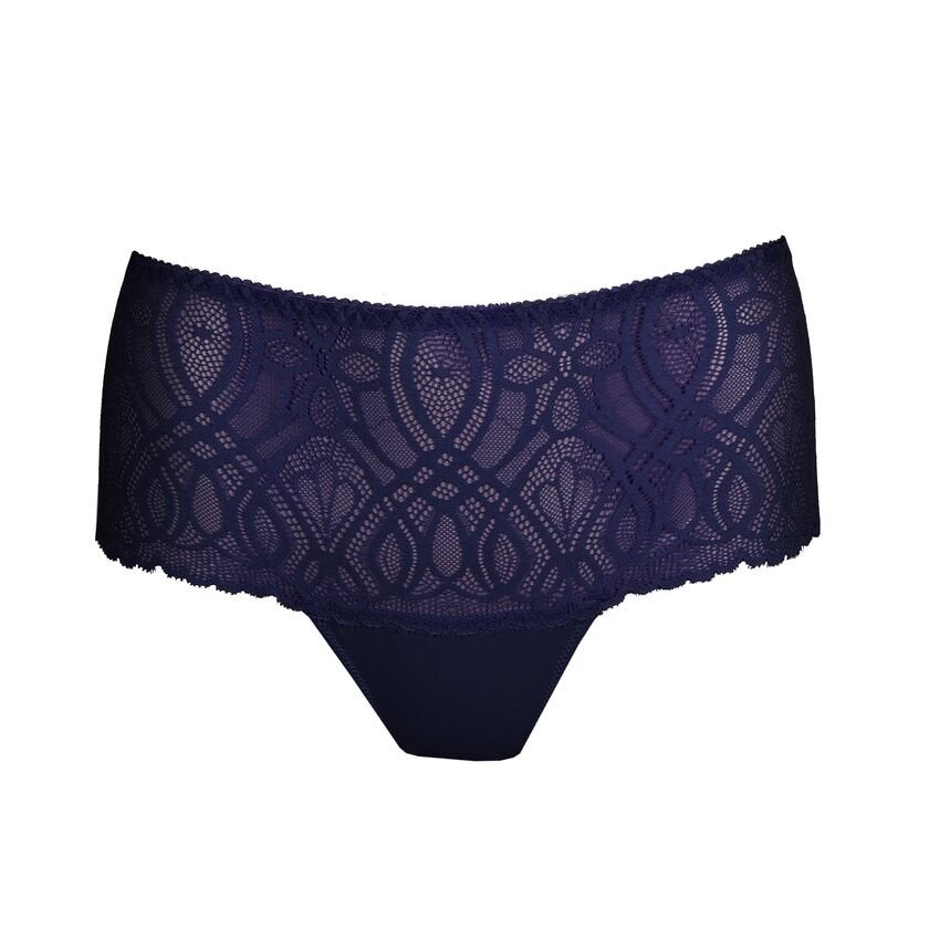 PrimaDonna Salerno Midnight Blue G-streng med blonder og geometrisk mønster, vist på hvid baggrund.