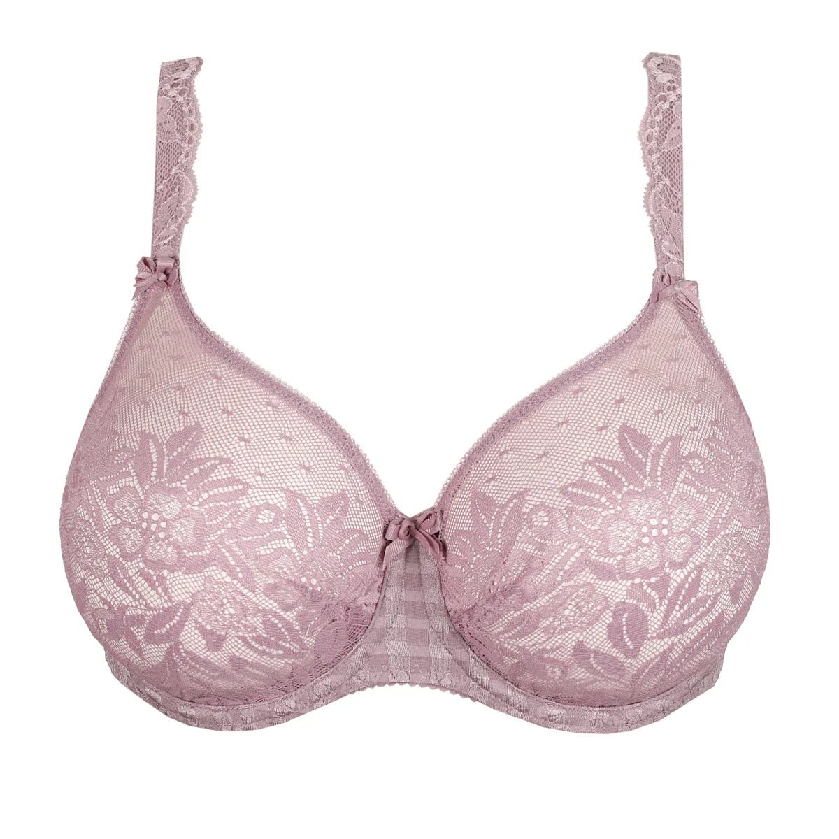 PrimaDonna Madison Soft Sand Lyng fuldskål-blonder-bh i lyselilla med blomstermønstre, sløjfe og brede stropper på hvid baggrund.