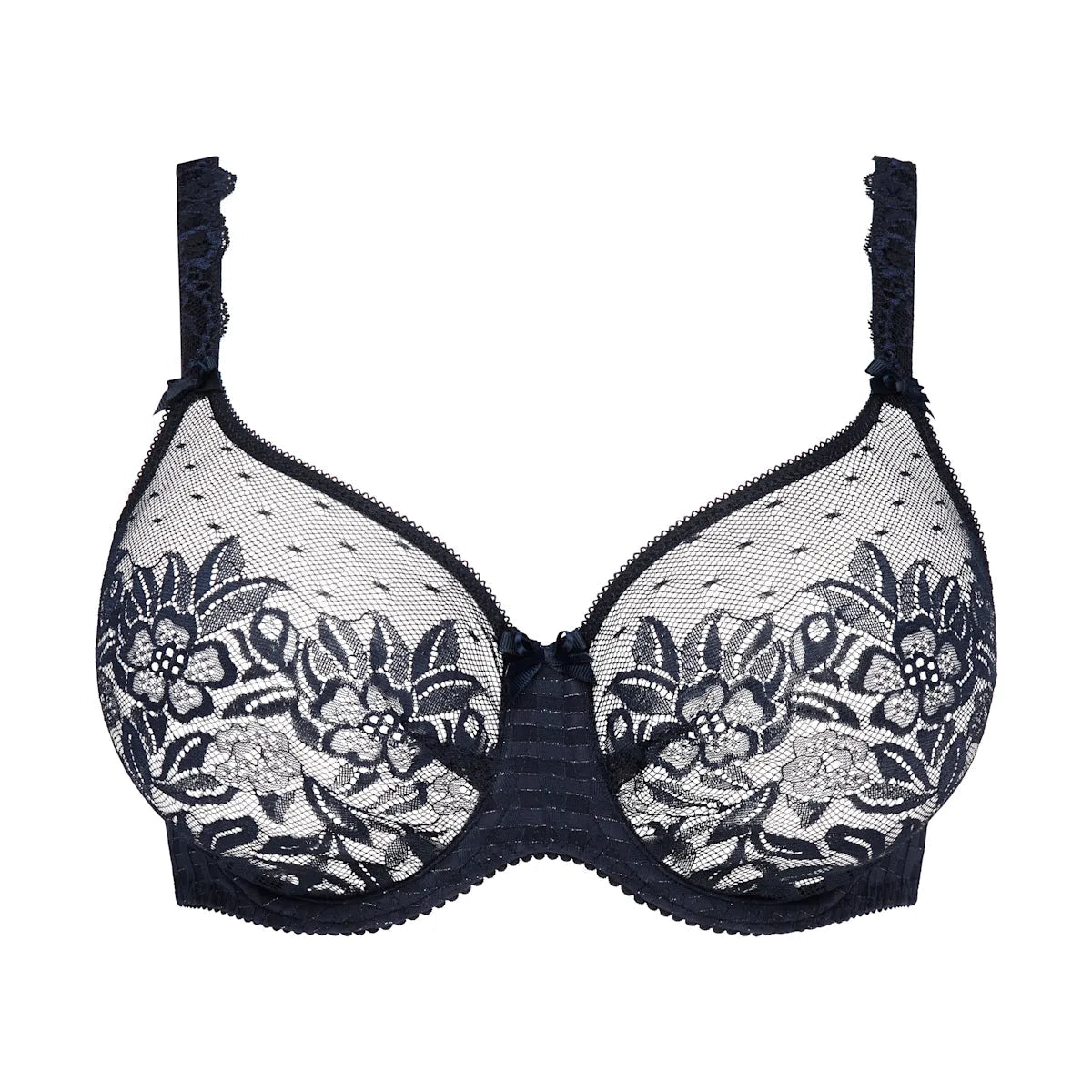 PrimaDonna Madison-bh i mørkeblå, med blonder, broderi, mesh-detaljer, justerbare stropper og bøjle.