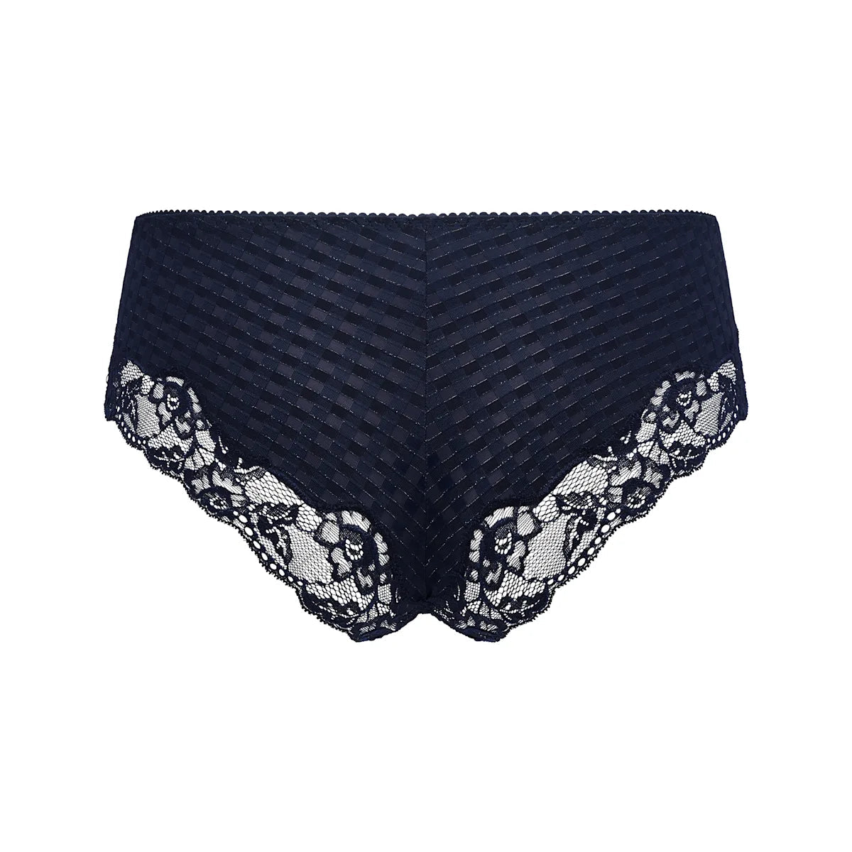 PrimaDonna Madison Velvet Blue hipster med sort ternet net og blomsterkant, set forfra.