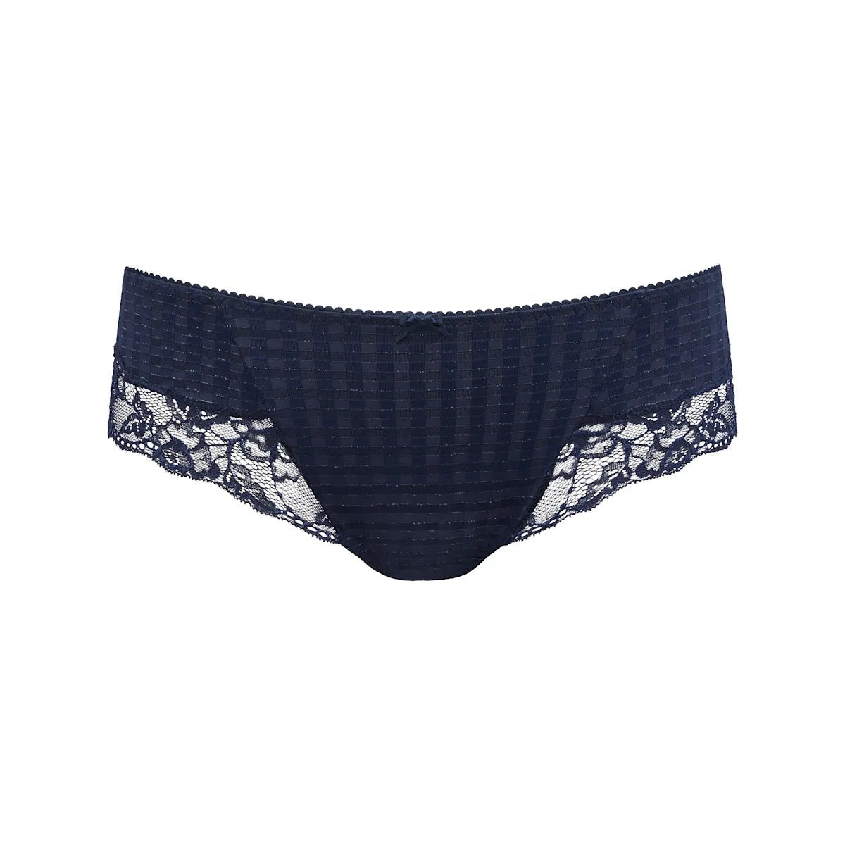 PrimaDonna Madison Velvet Blue hipster-trusser med ternet mønster og blomsterblonder i siderne.