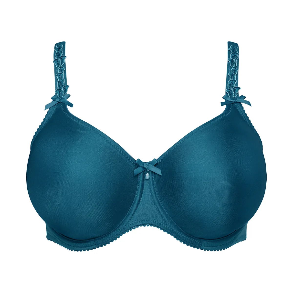 PrimaDonna Deauville Peacock Petrol-bh med fulde skåle, sømløse skåle, sløjfer og mønstrede stropper på hvid baggrund.
