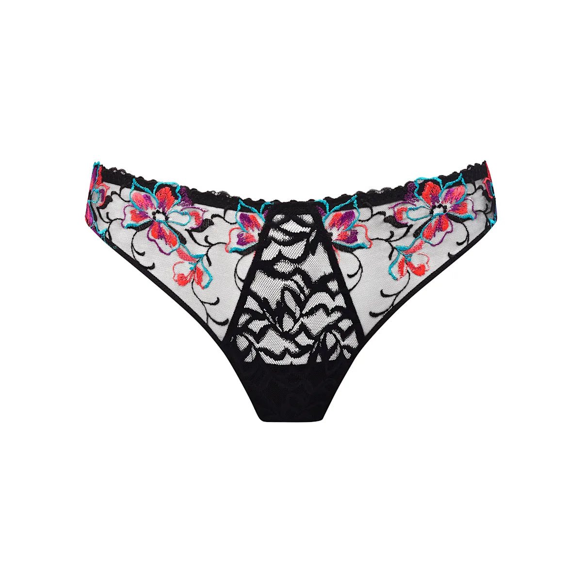 Finmasket trusse med blomsterbroderi fra PrimaDonna, Miyara Floral Eclipse, inspireret af en g-streng.