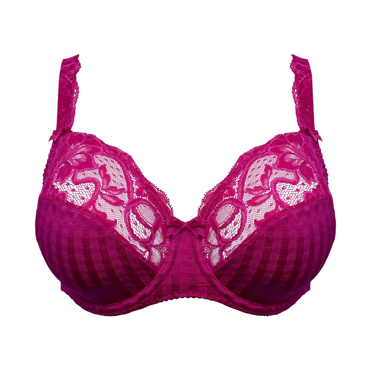 PrimaDonna Madison Wild Rose Lilla bh med bøjle og sløjfe, halvgennemsigtige skåle og justerbare stropper på hvid baggrund.