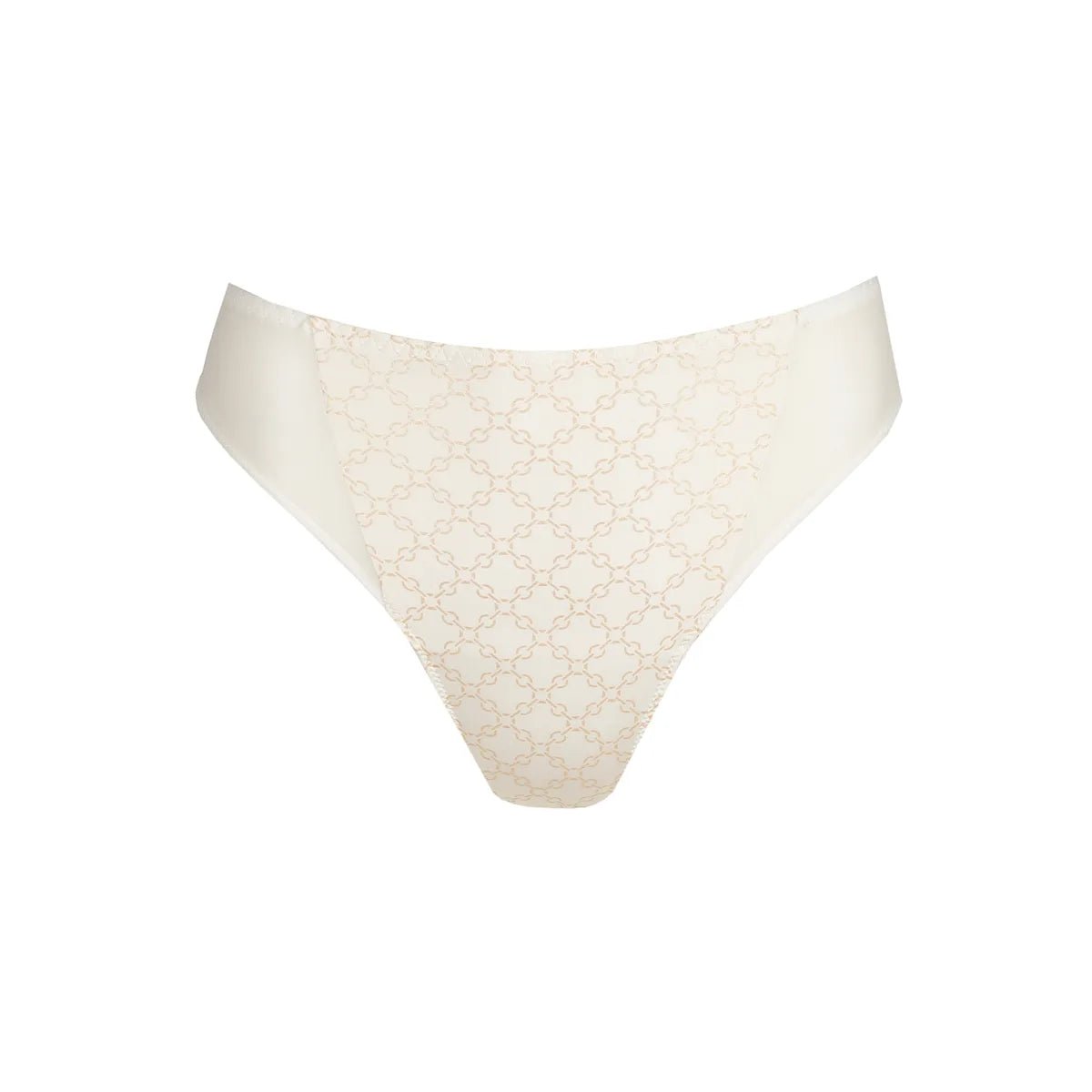 PrimaDonna Twist Kero Natural trusser i bikini-model, off-white grafisk mønster, vist på hvid baggrund.
