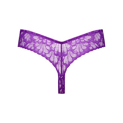 PrimaDonna Twist Mocuto Italian Acai Lilla-tanga med lilla blomsterblonder, vist fladt på en hvid baggrund.