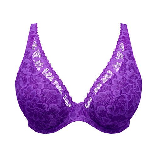 PrimaDonna Twist 155359 Mocuto Italian Acai Lilla: lilla blonder-bh med blomstermønster og dyb V-udskæring, grafiske blonder, brede stropper.