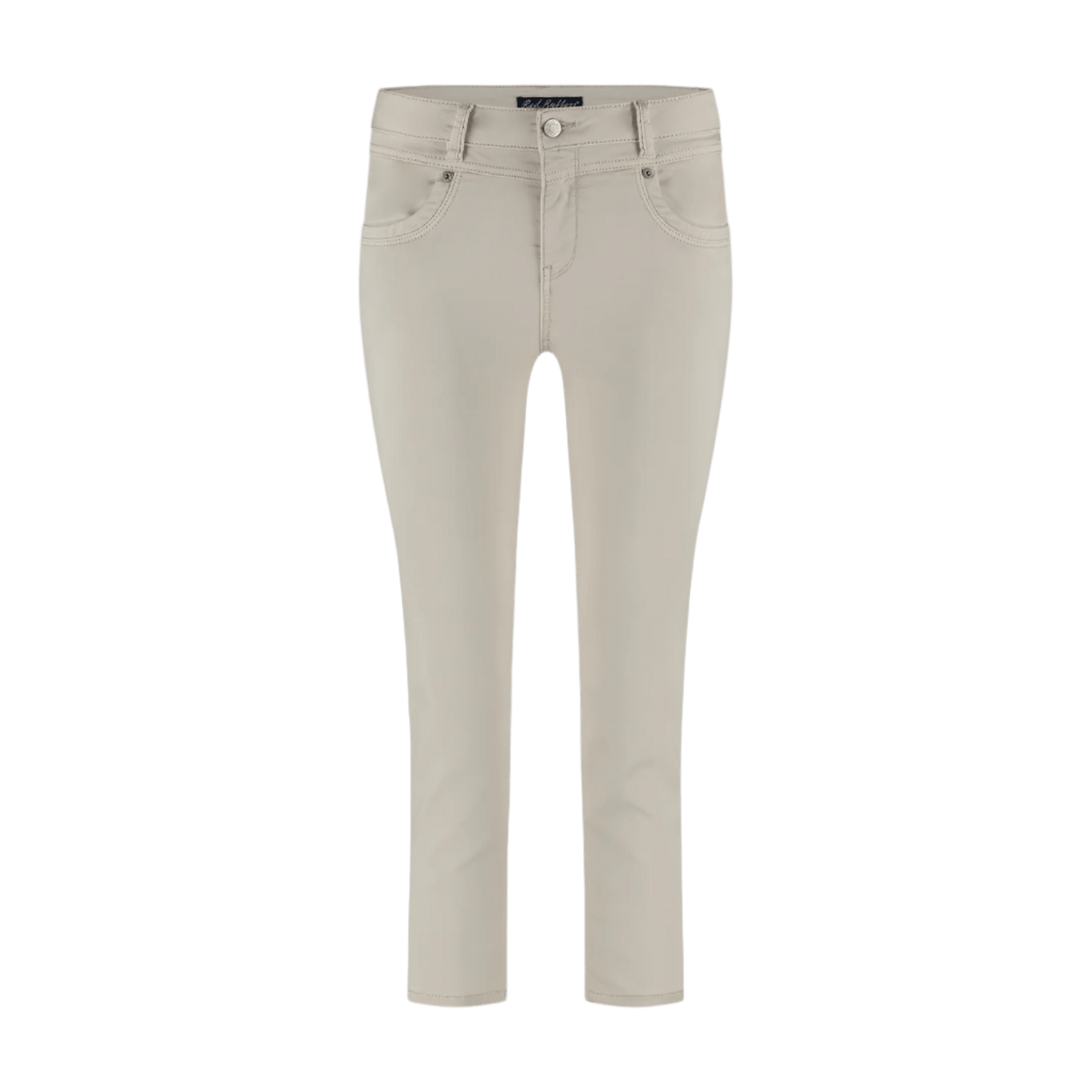 Red Button Suze Beige: Skinny jeans, der går til anklerne, med lommer, bæltestropper og lynlås, på en hvid baggrund.