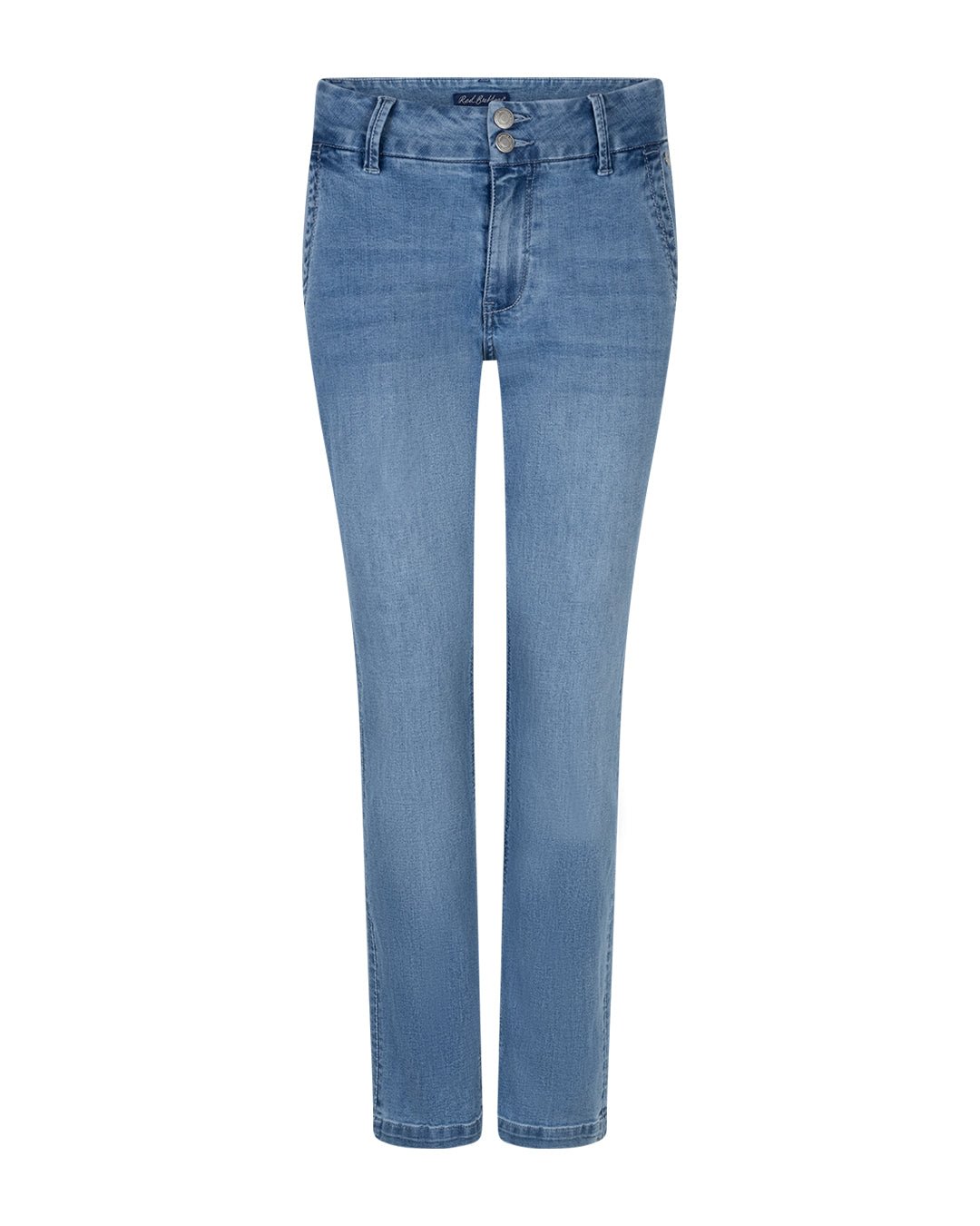 Et par lyseblå Red Button Diana Denim-jeans med lige ben, knap- og lynlåslukning, på hvid baggrund.
