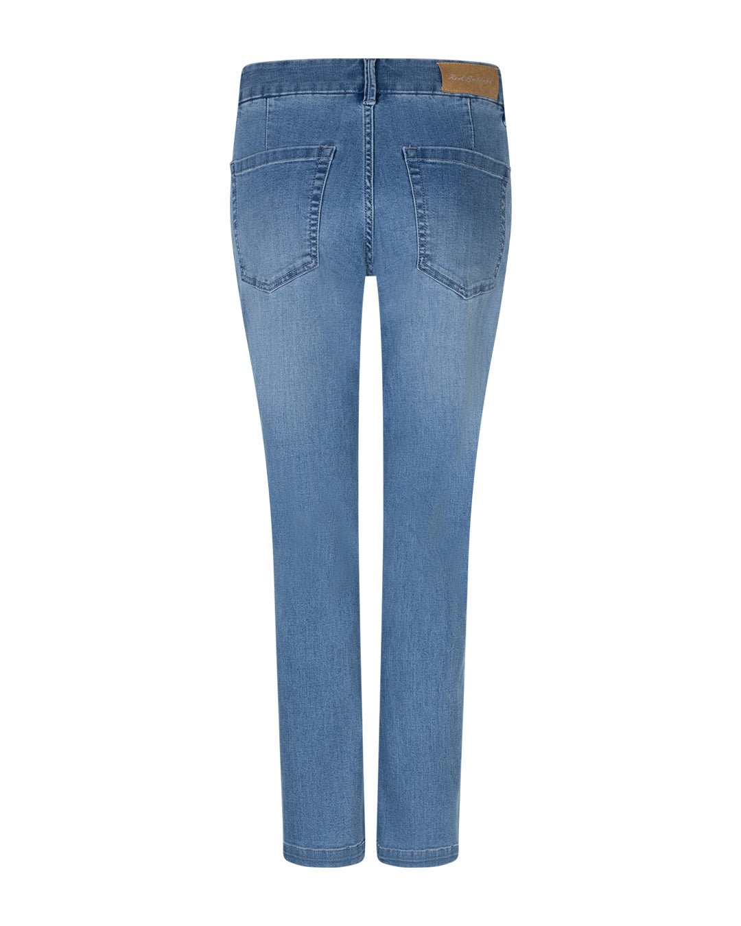 Bagfra set billede af Red Button Diana Denim-jeans med to baglommer, brun påsyet mærke og lige ben, der giver et tidløst look.