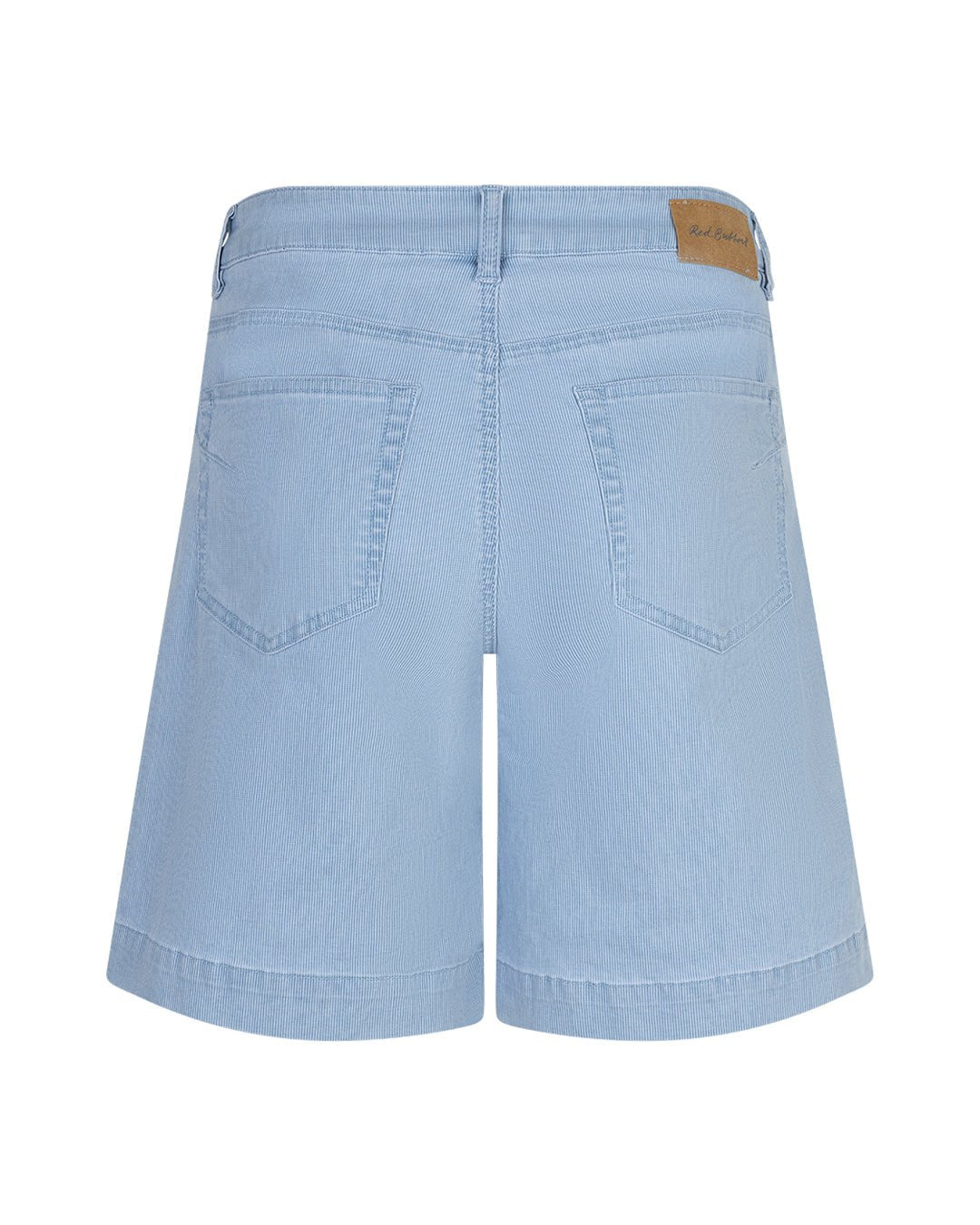 Bagfra-billede af Red Button Kate Blå dameshorts med to lommer og brun påsyet detalje, isoleret på hvid baggrund.