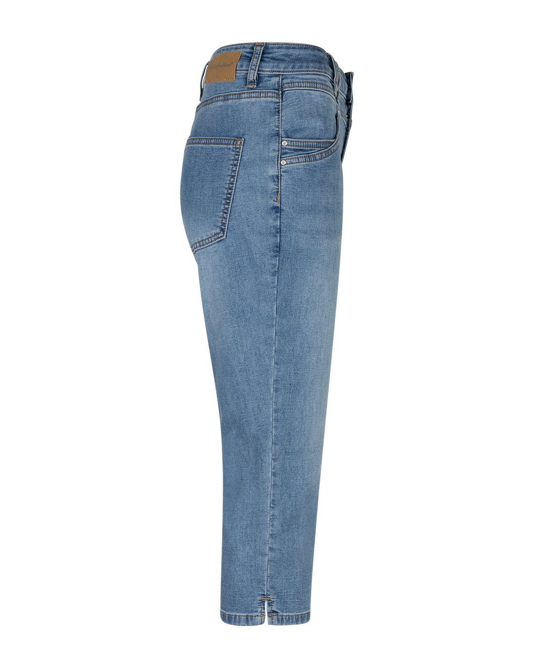 Red Button Suze Lys lyseblå denimshorts, høj talje, sidelomme, kort længde til anklen – set fra siden.