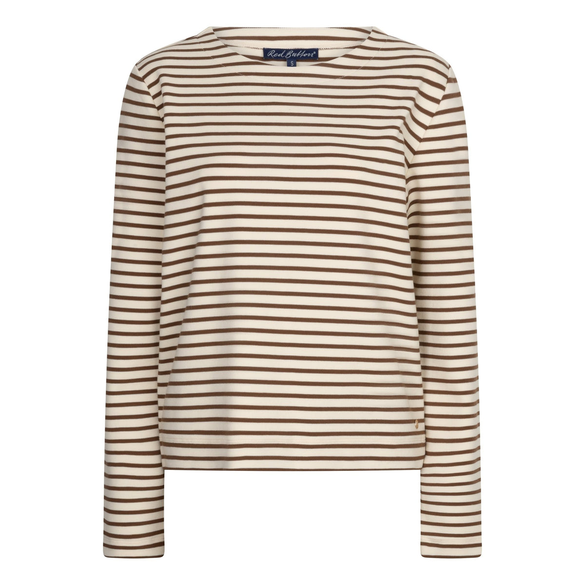 Red Button Terry smart Kaffe-bluse i farven espresso med striber og rund hals, vist på hvid baggrund.