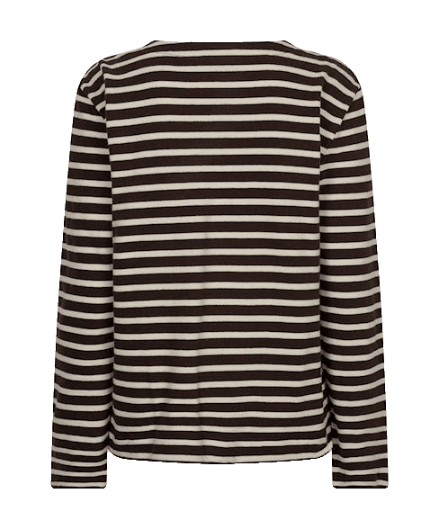 Red Button Terry smart Kaffe langærmet espresso-bluse, sort og hvid stribet, vist stilfuldt set bagfra.