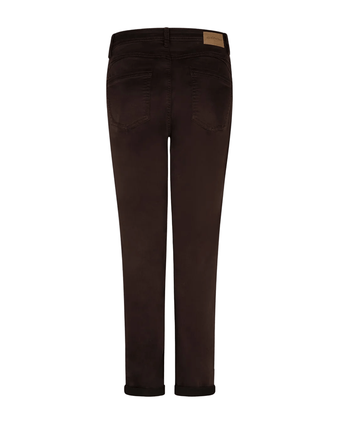 Bagfra-billede af Red Button Relax Jog Mørkebrun-jeans med opsmøgede ben og to lommer på en ensfarvet hvid baggrund.