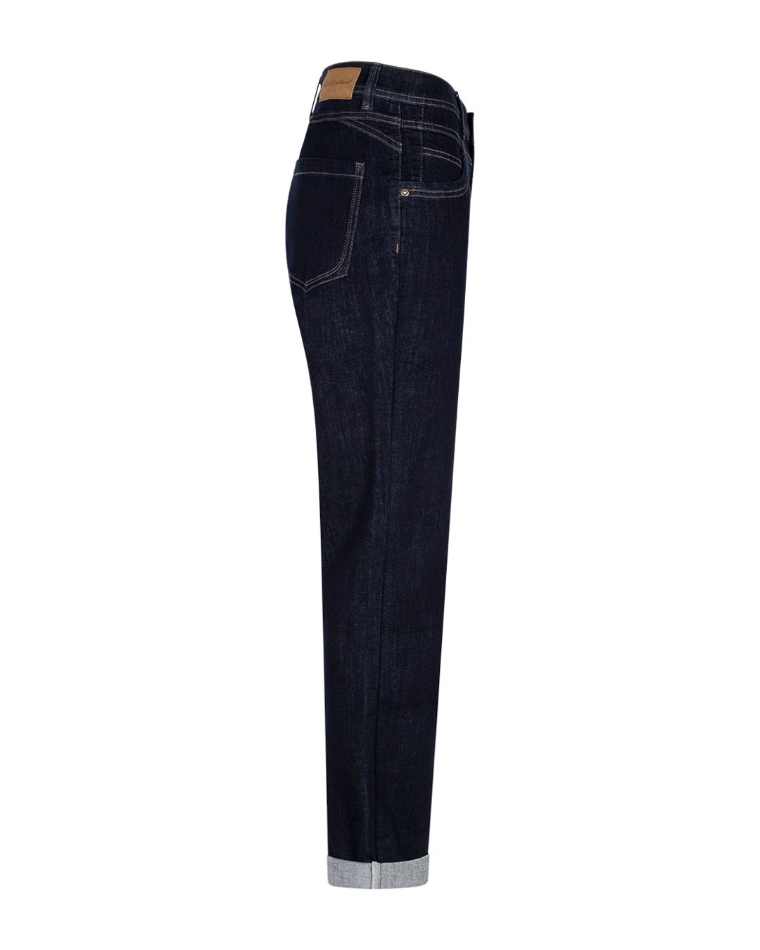 Red Button Relax Mørk denimjeans set fra siden med opsmøgede bukseben og syninger på hvid baggrund.