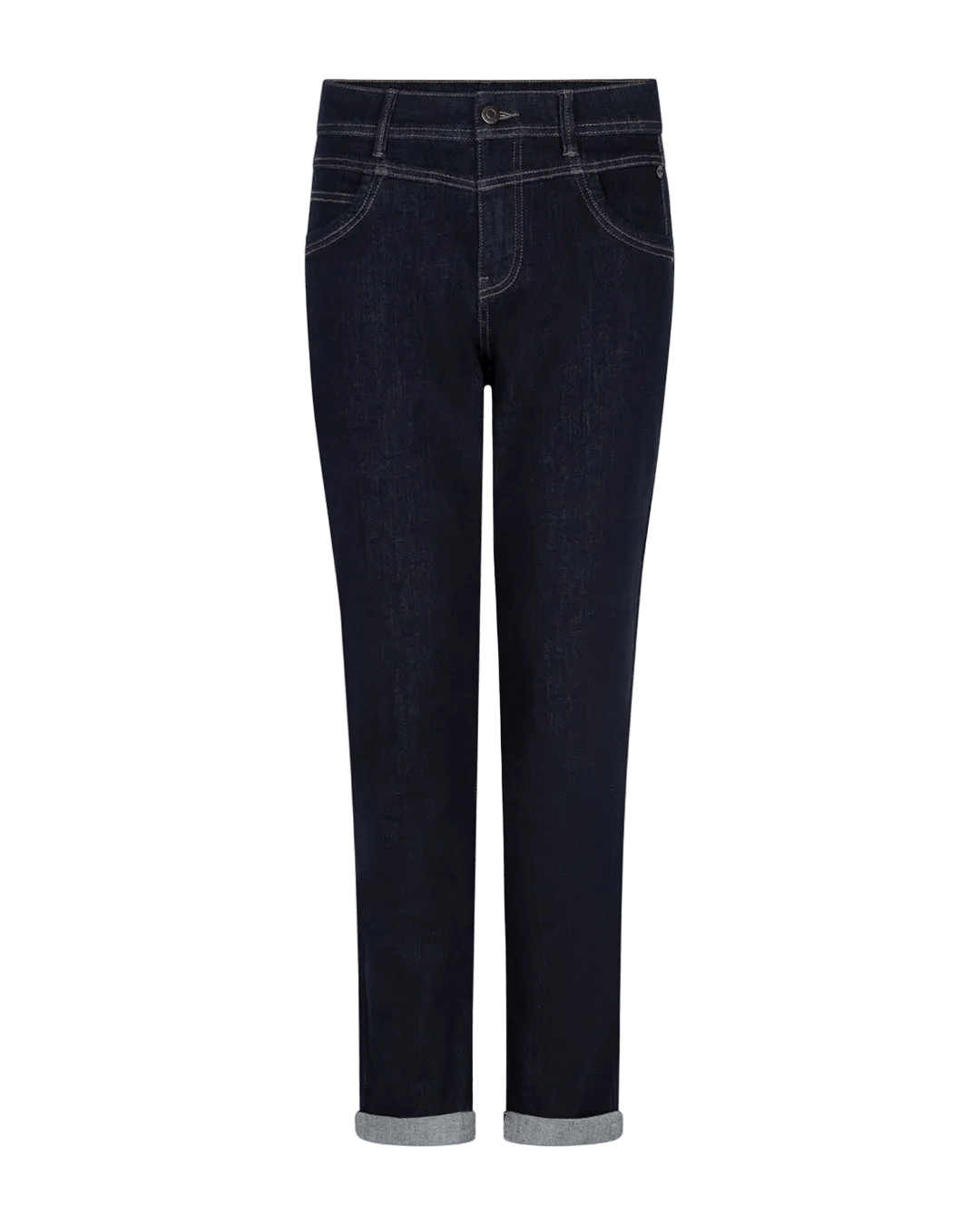 Red Button Relax Mørk denimjeans: mørkeblå, hvide sømme, fem lommer, opsmøgede bukseben på hvid baggrund.
