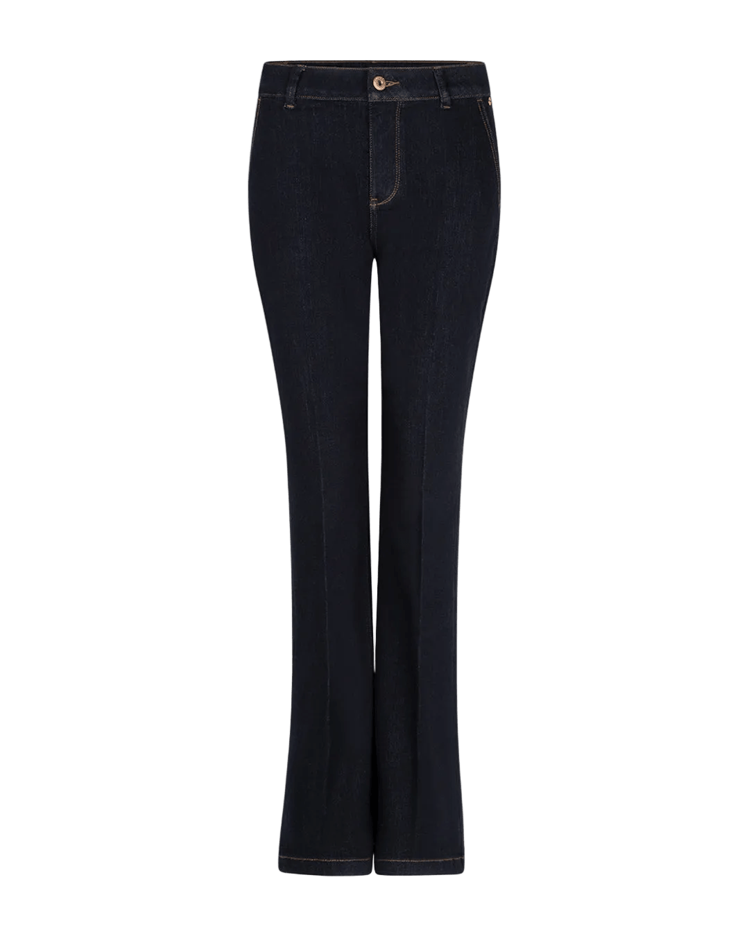 Red Button Bibette Mørk denimjeans i bootcut-stil med knap og lynlås foran, vist på en ensfarvet hvid baggrund.