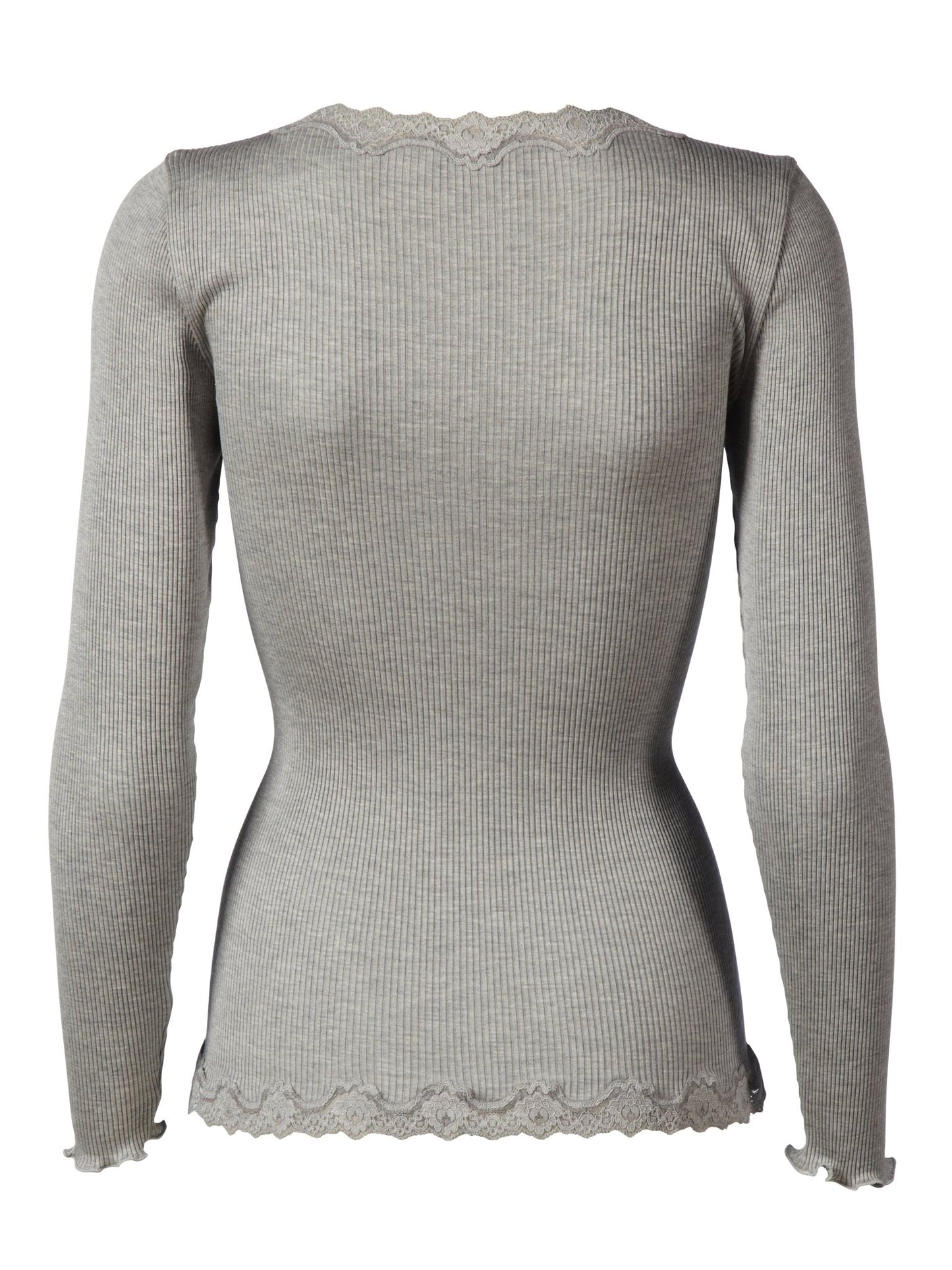 Rosemunde 149102 Lysegrå ribstrikket cardigan i silke med blonder ved halsudskæring, manchetter og nederkant, set bagfra.