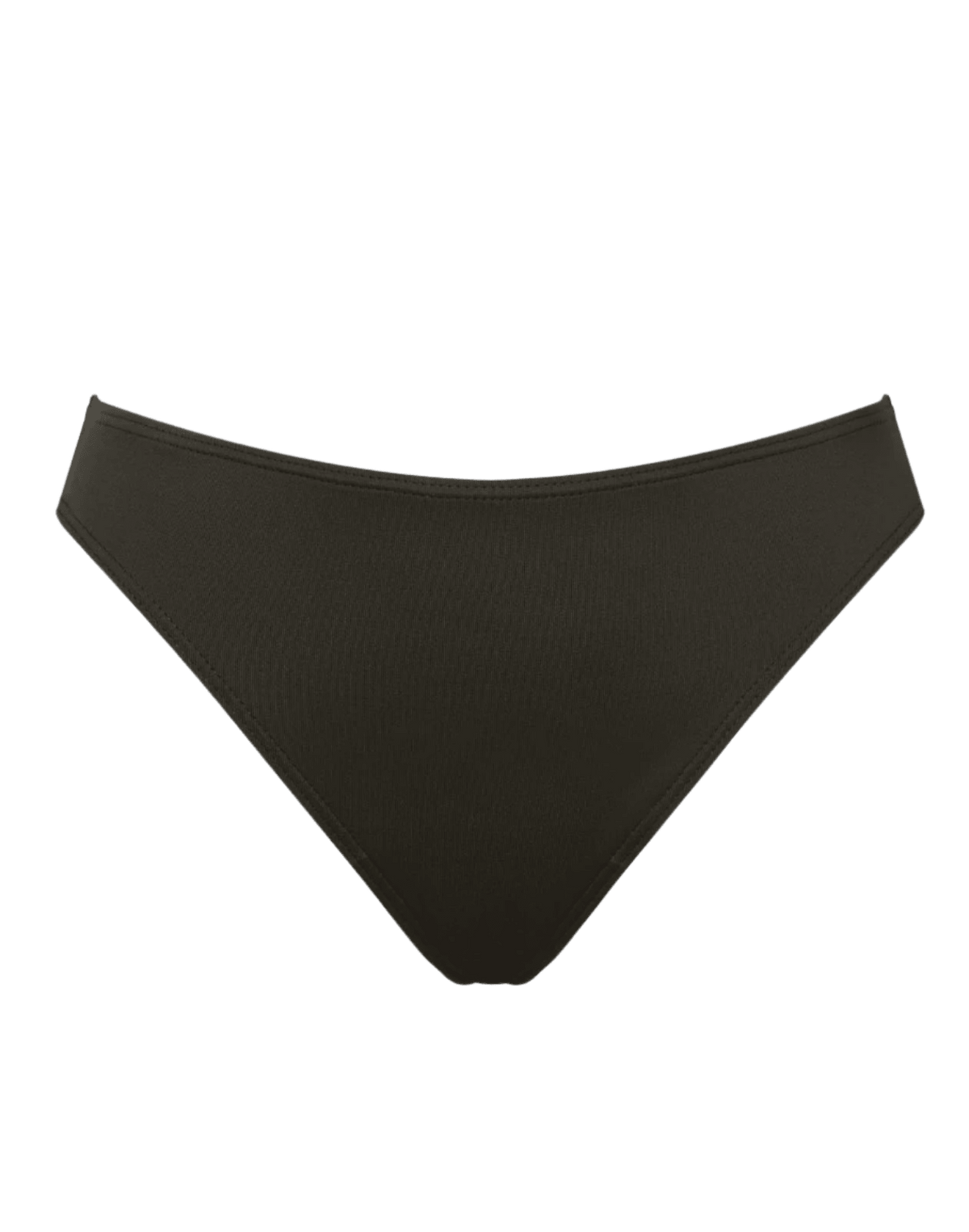 Saltabad Avocado mørkegrønne bikinitrusser, lagt fladt, med tai-snit og et elegant, enkelt mørkegrønt design.