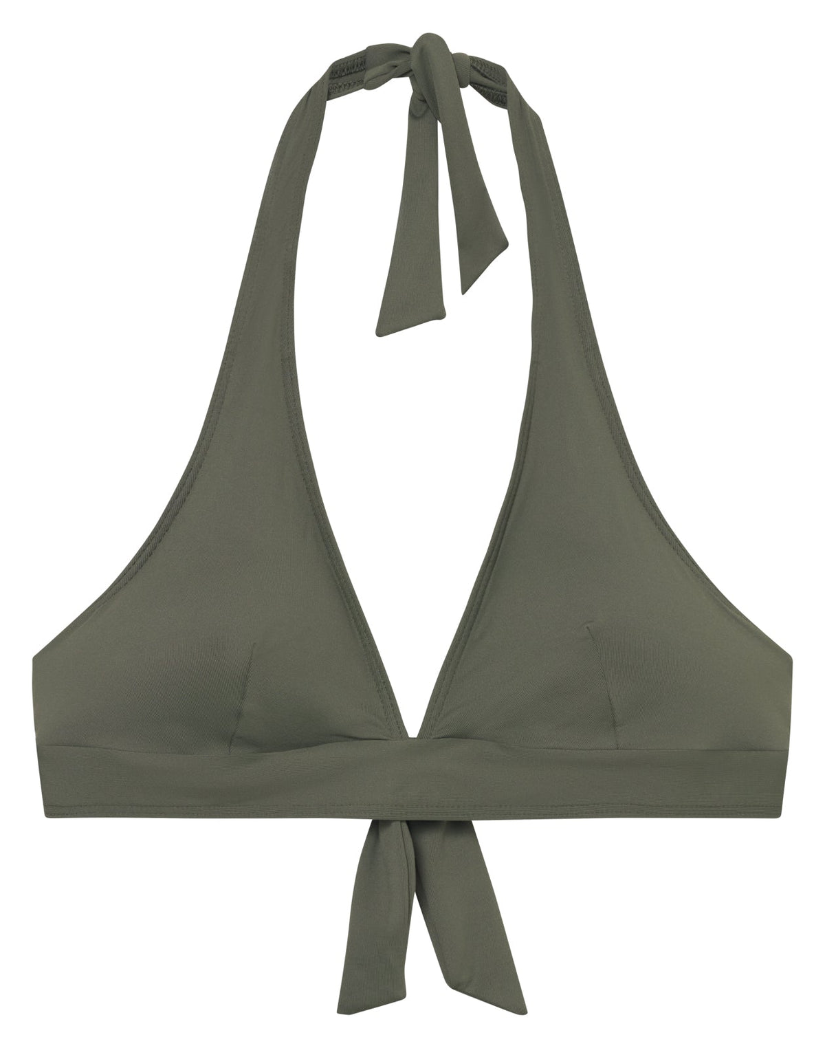 Saltabad 150180 Avocado Mørkegrøn halterneck-bikinitop med bindebånd, lagt fladt på en hvid baggrund.