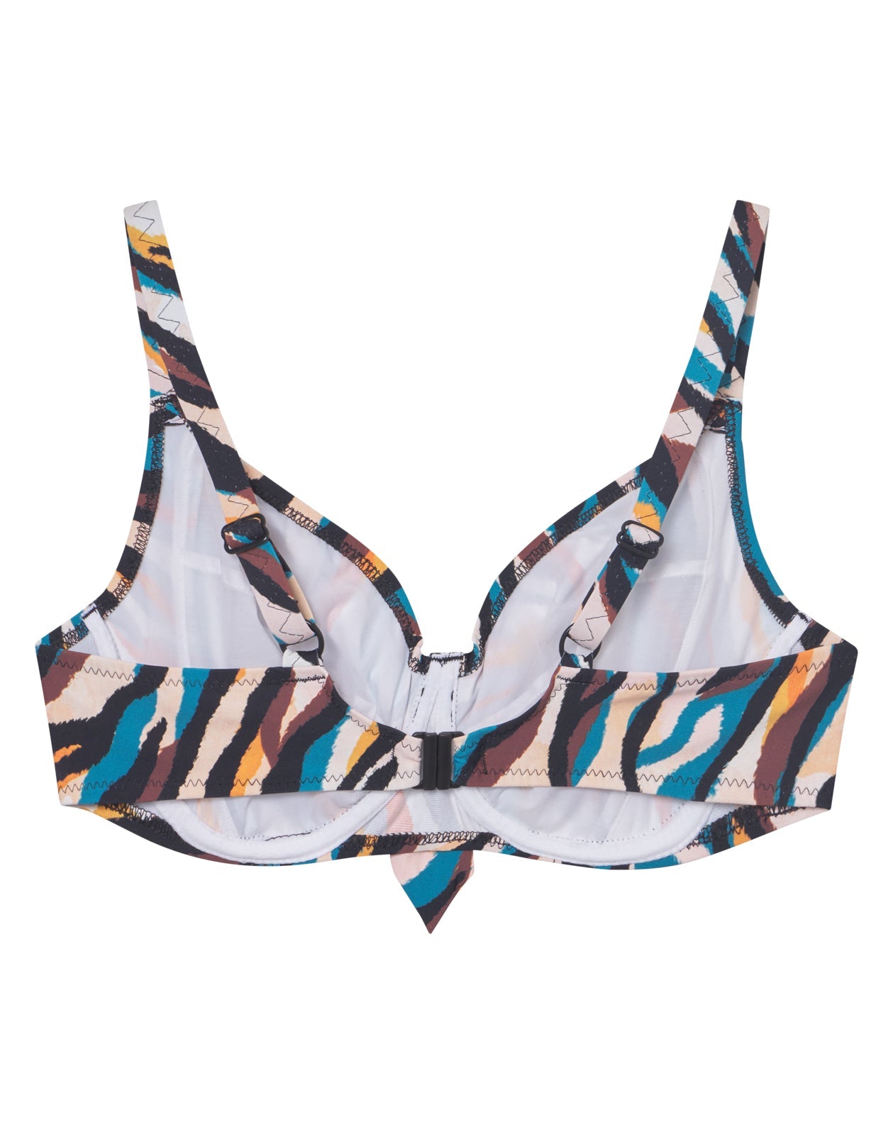 Saltabad Monterey Mønstret bh, flerfarvet dyremønster, bøjle, lukning foran, vist på hvid baggrund.