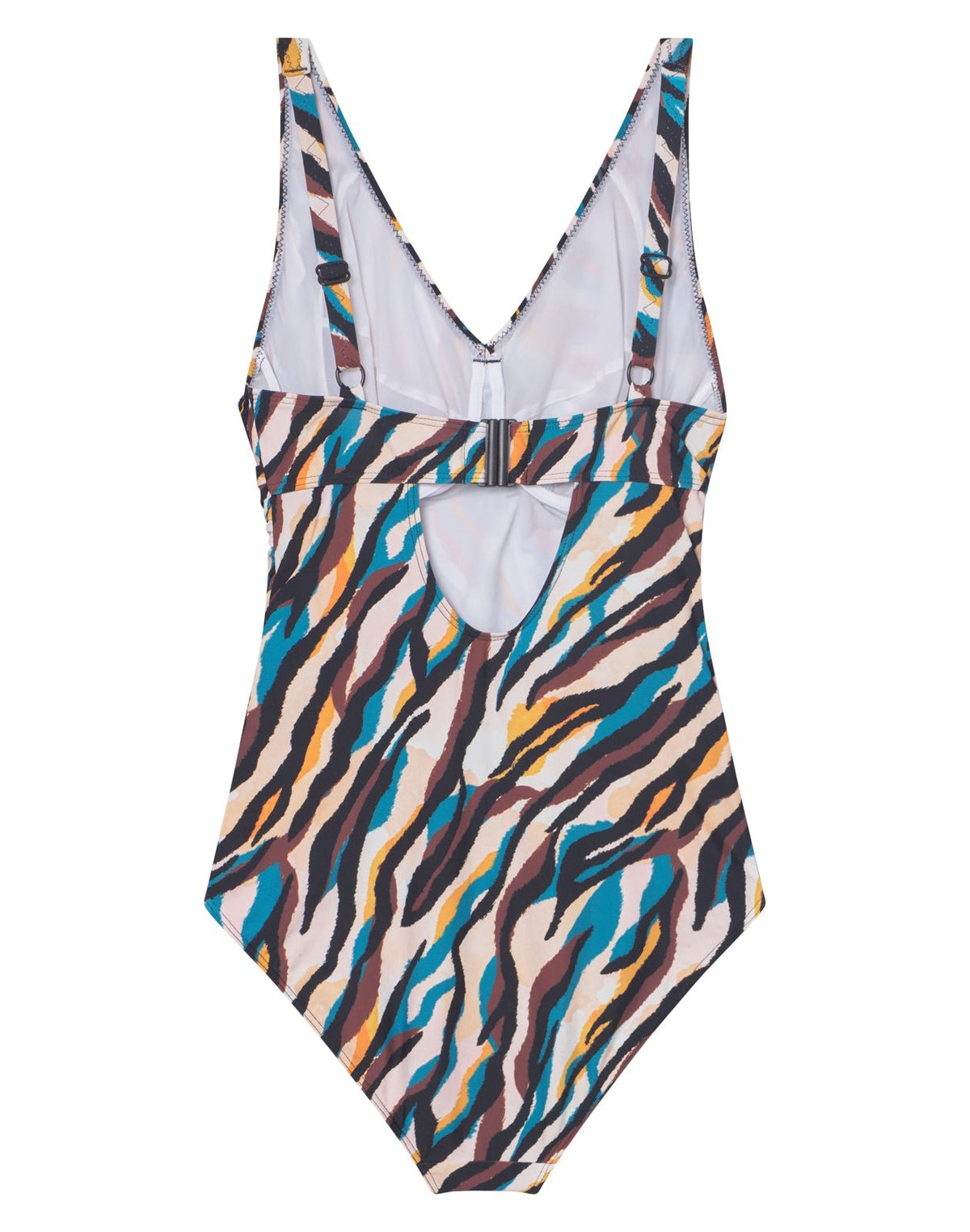 Saltabad Monterey Mønstret badedragt med zebraprint, lav benudskæring og en elegant nøglehulsudskæring.