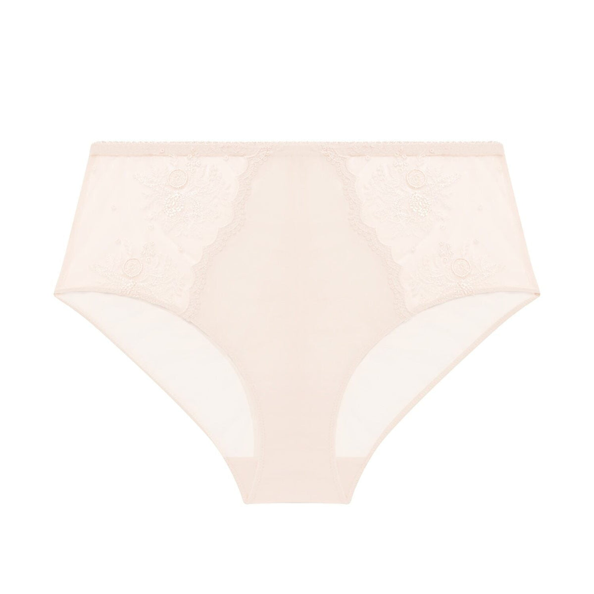Intrigue maxi-trusse i lys pudderfarve fra Simone Perele med blonder, broderi og gennemsigtige paneler foran.