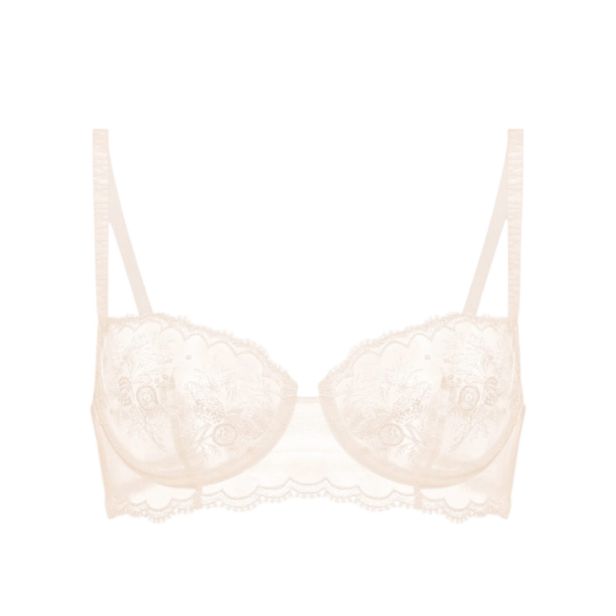Simone Perele Intrigue Sakura Pink-bh med gennemsigtig blonder, blomsterbroderi og justerbare stropper på hvid baggrund.
