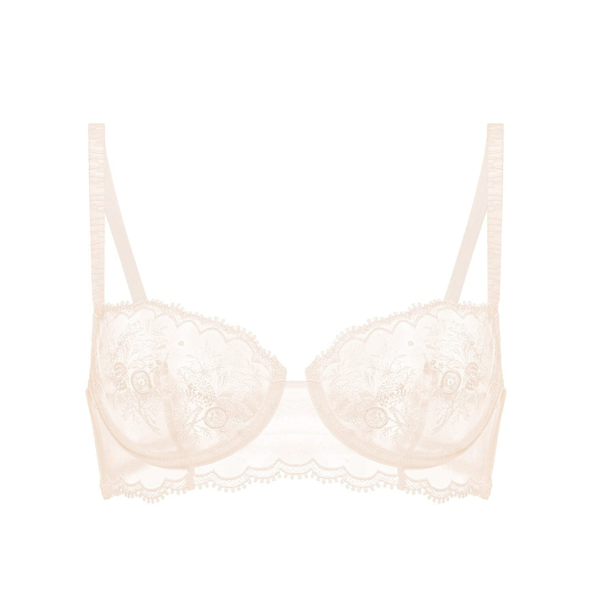 Simone Perele Intrigue Sakura Pink-bh med broderi, justerbare stropper og bøjle, vist på hvid baggrund.