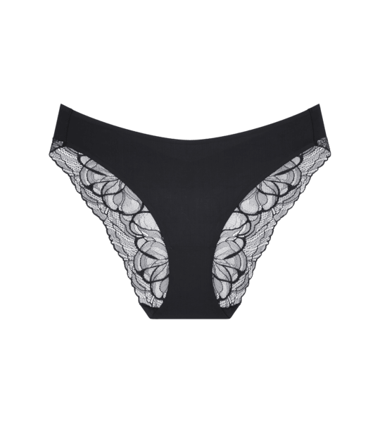 Triumph 149107 Body Make-up Illution L: Sort trusse med gennemsigtige blomstersider og høj benudskæring på hvid baggrund.