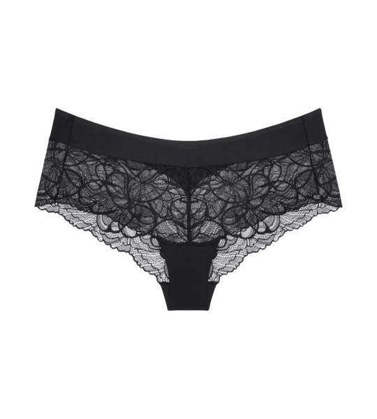 Triumph Body Make-up Illution L: sorte hipster-trusser med blomsterblonder, bølget kant og blødt linning.