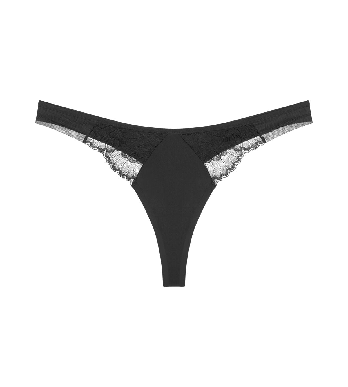 Triumph Love In Lace 0004 Sort G-streng med blonder og netstof, lagt fladt på en hvid baggrund.