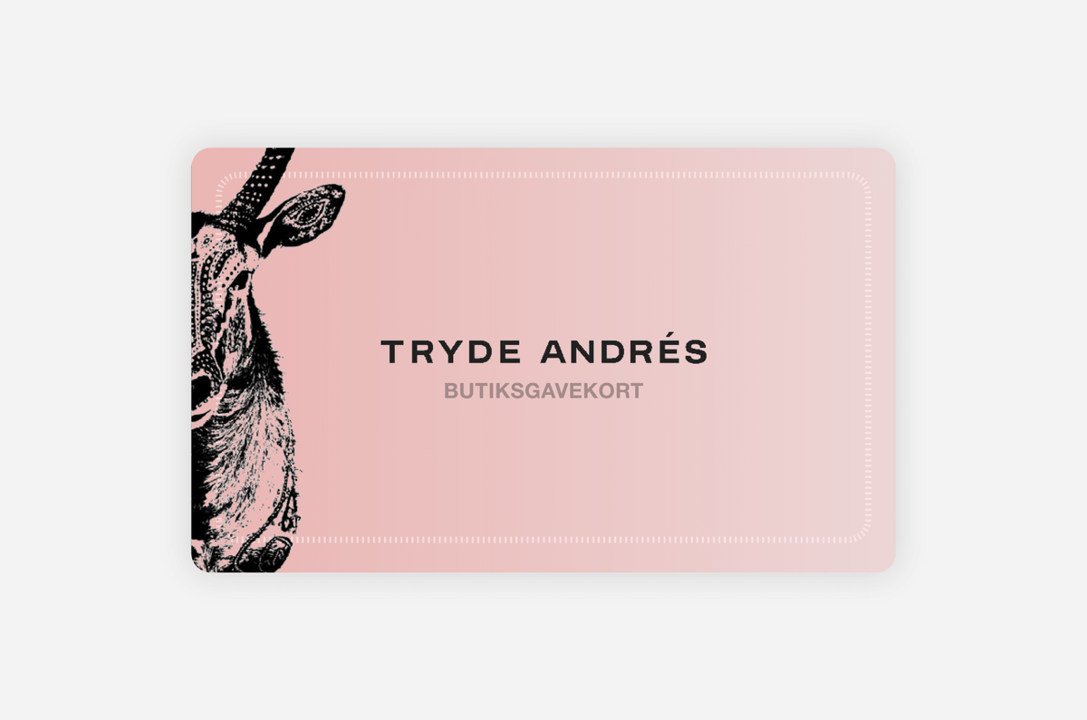 Tryde Andrés – Butiksgavekort: Lyserødt kort med antilope, perfekt som gavekort i Odense.