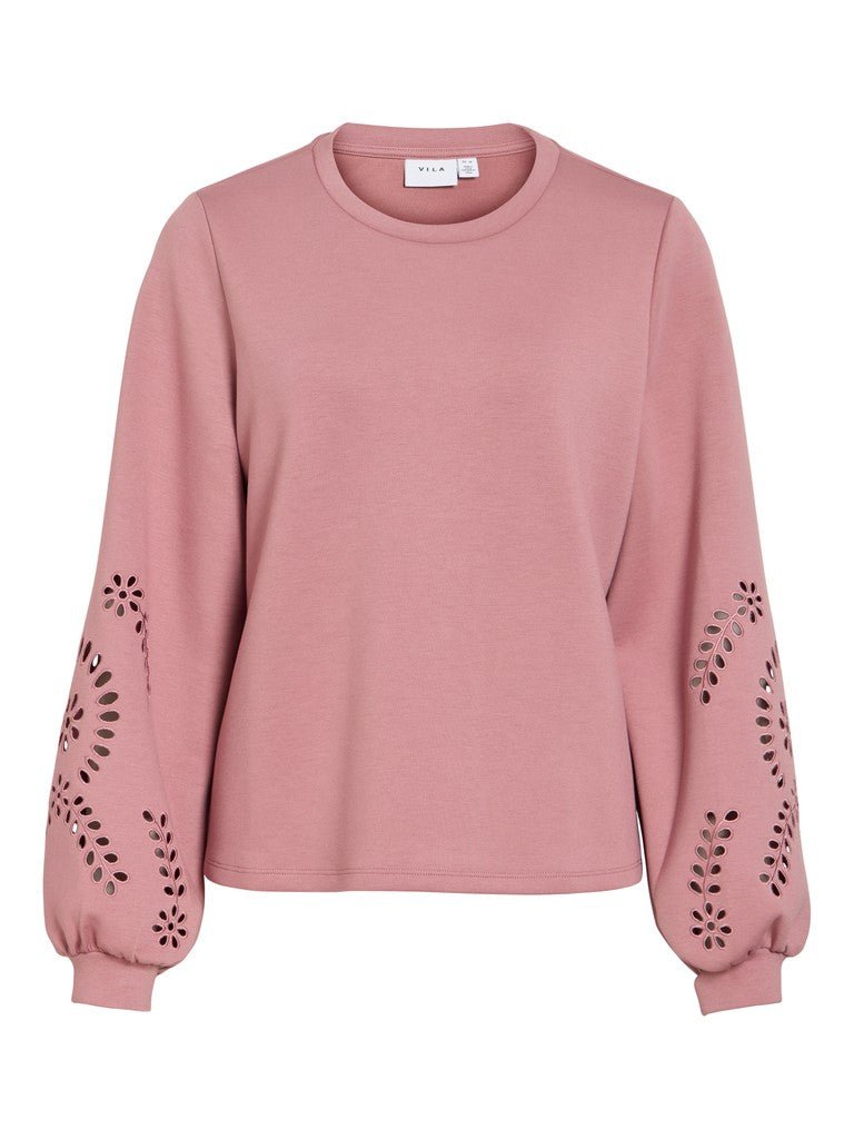 VILA Visandy Rosa 155053: langærmet sweatshirt med bladmønster og udskæringer, vist på hvid baggrund.