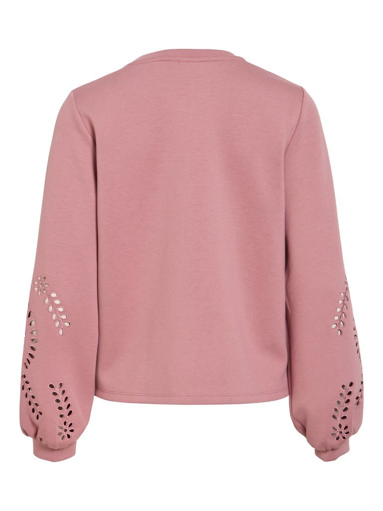 VILA Visandy Rosa-sweatshirt 155053 med udskæringer ved ærmerne og hulmønster, set bagfra.