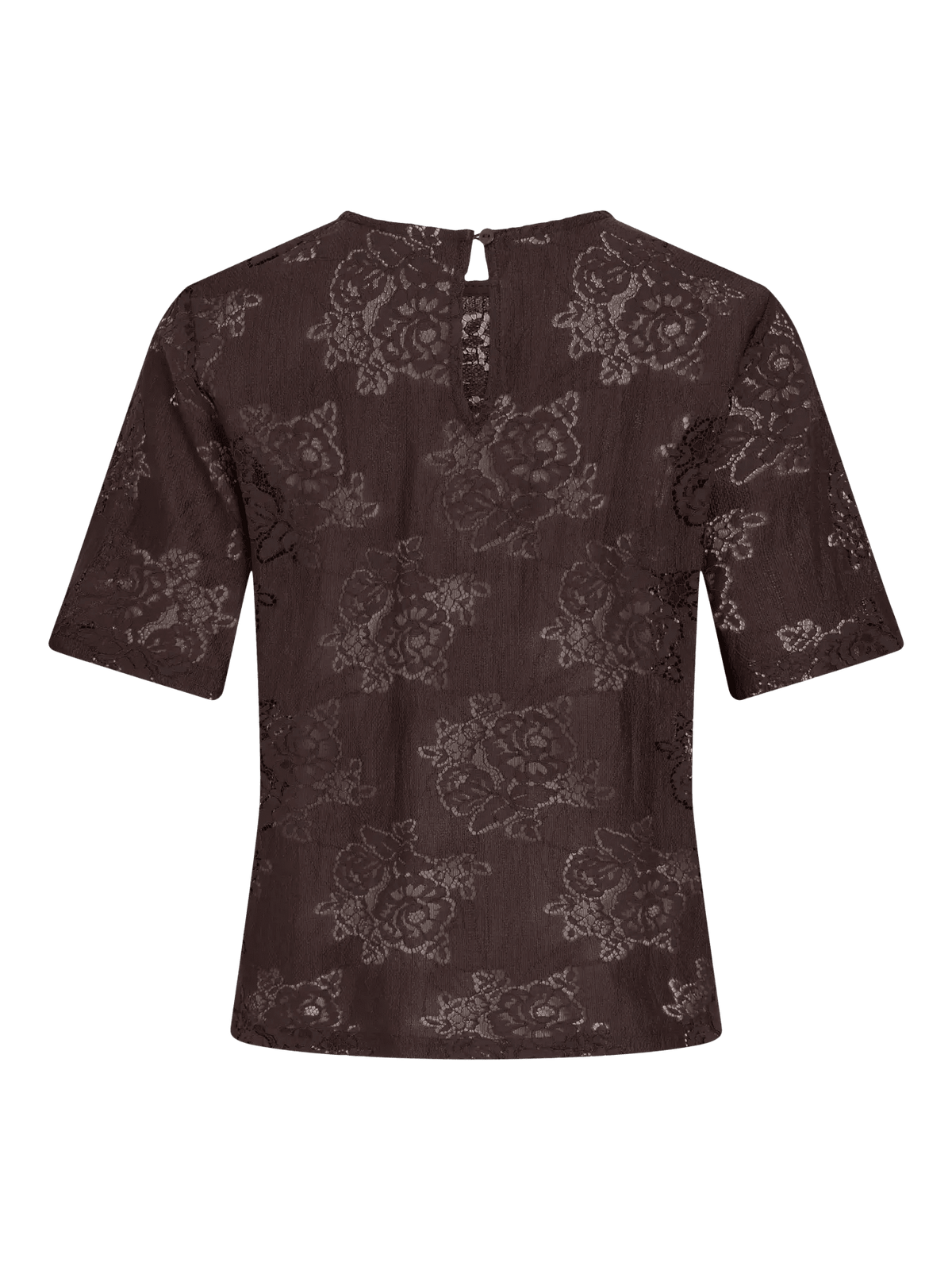 Bagfra-billede af VILA Vimaven Mørkebrun bluse med korte ærmer, blonderkant, blomsterprint og knapåbning ved halsen.