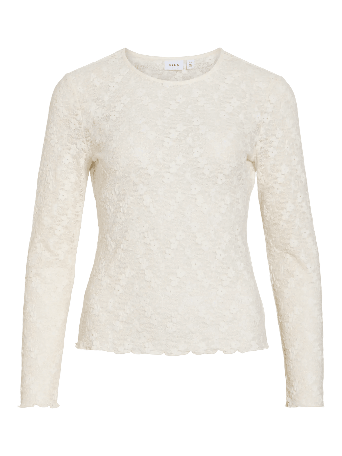 VILA Fay Off white 155162: Langærmet blomstret blondebluse med rund halsudskæring og bølget kant nederst, på hvid baggrund.