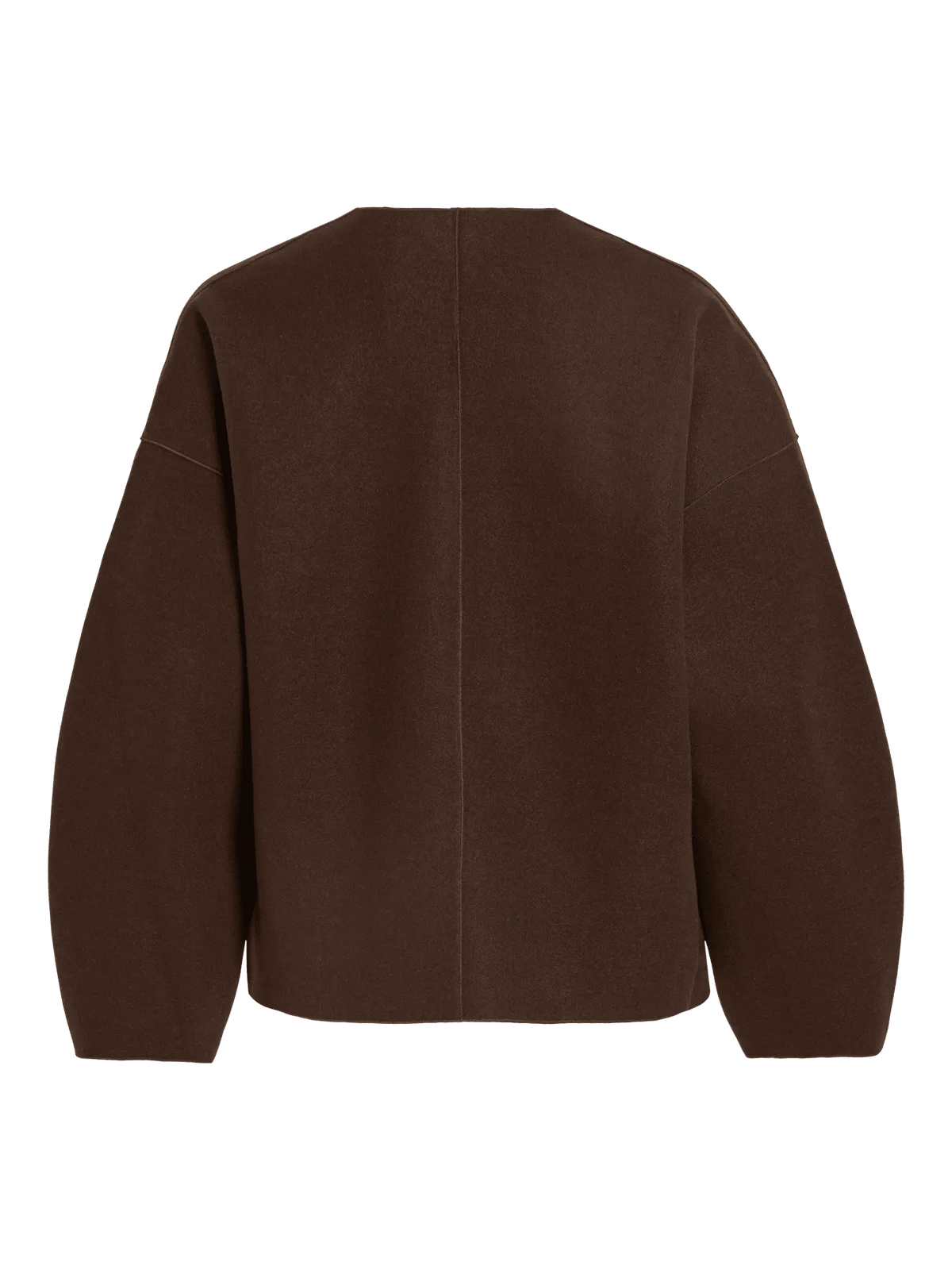 VILA Vijuice Kaffe-jakke i brun med sænkede skuldre, oversized pasform, uden krave; set bagfra på hvid baggrund.