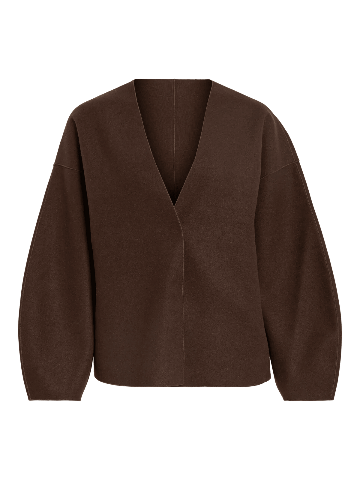 Brun VILA Vijuice Kaffe-cardigan, V-udskæring, løs pasform, uden knapper, vist på hvid baggrund.