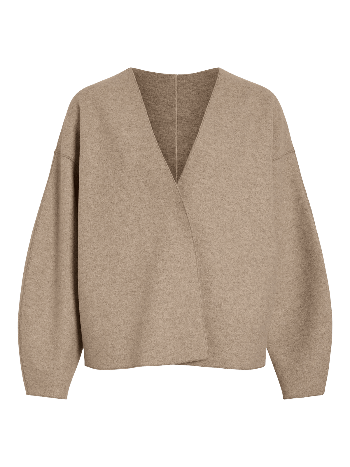 VILA Vijuice Sand-cardigan: firkantet pasform, V-udskæring, afslappet stil, åben foran i beige melange. Model 155173.