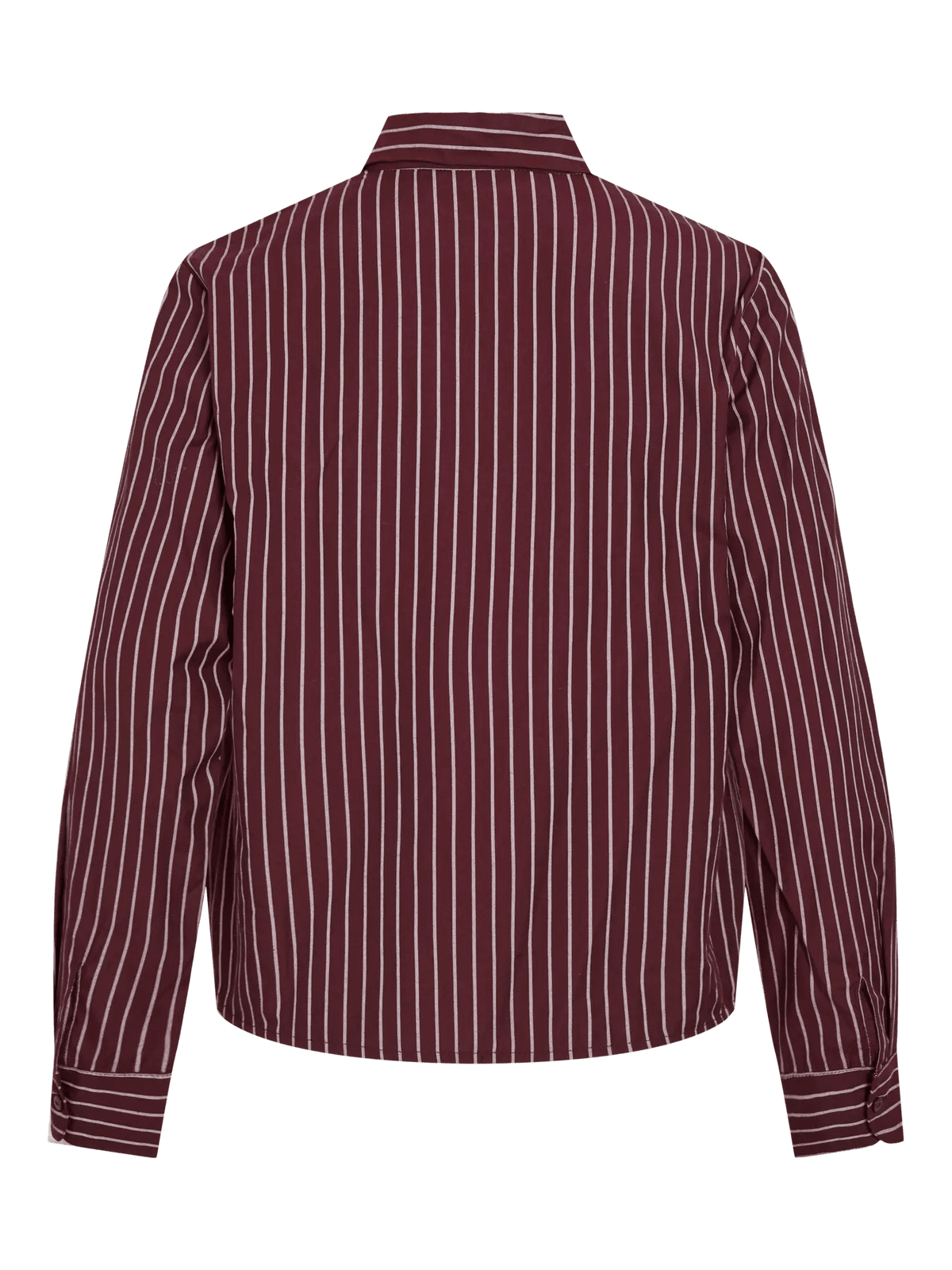 Bagfra-billede af VILA Vidarma Bordeaux 155211, en stribet damebluse med manchetter med knapper, på hvid baggrund.