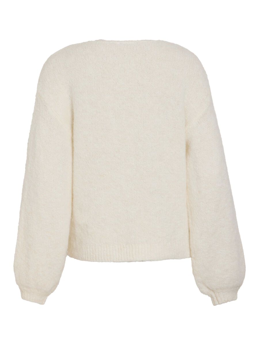 Bagfra-billede af VILAs Vimarley Off White-sweater, der har en løs pasform med ribkant nederst og ved håndleddene.