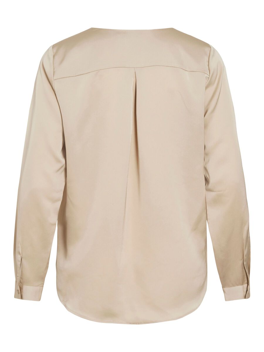 VILA Viellette Beige skjorte set bagfra med plissédetaljer og manchetter med knapper, der giver et tidløst, elegant look.