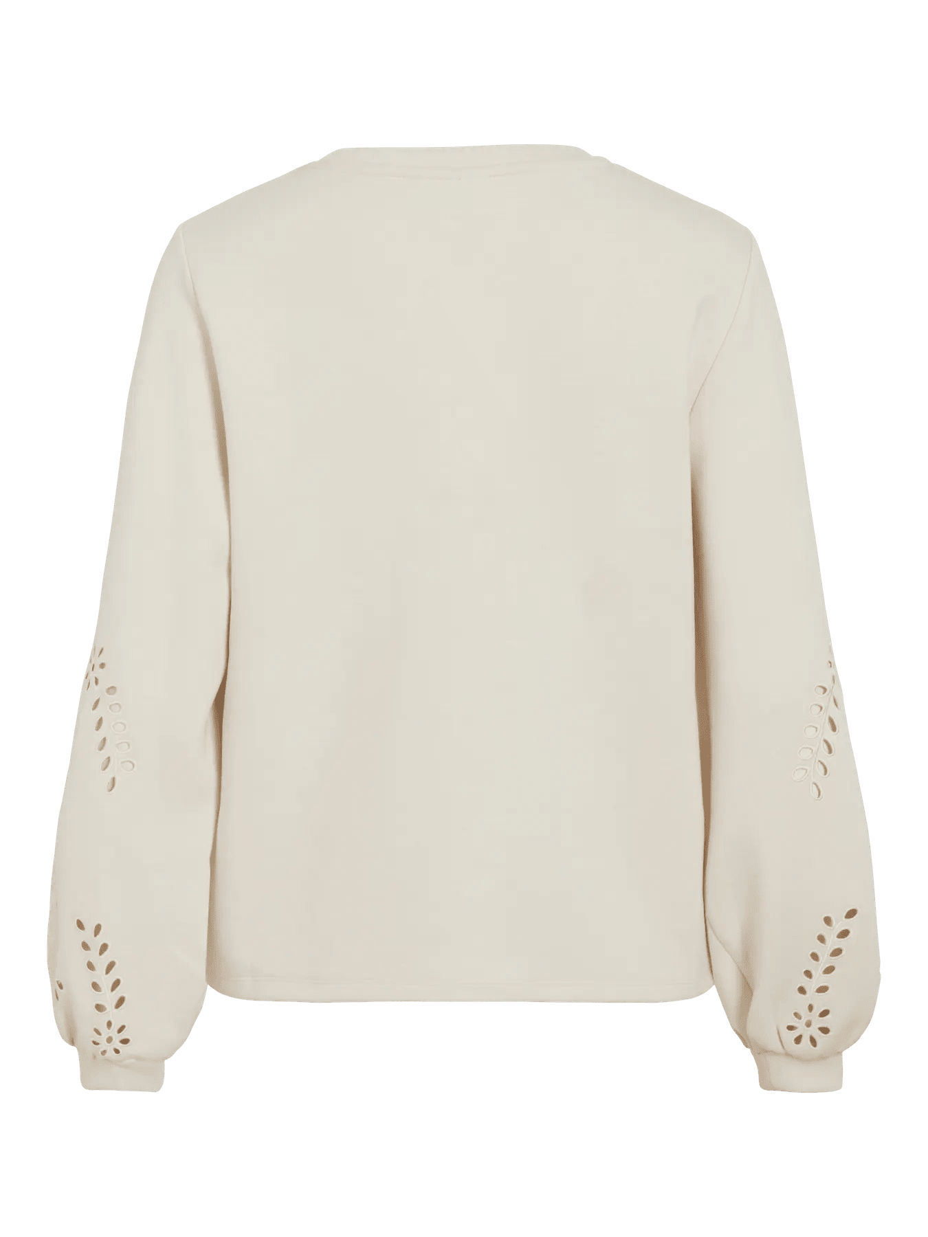 Bagside af VILA Visandy Off White-sweatshirten med laserskårne, broderede lange ærmer.