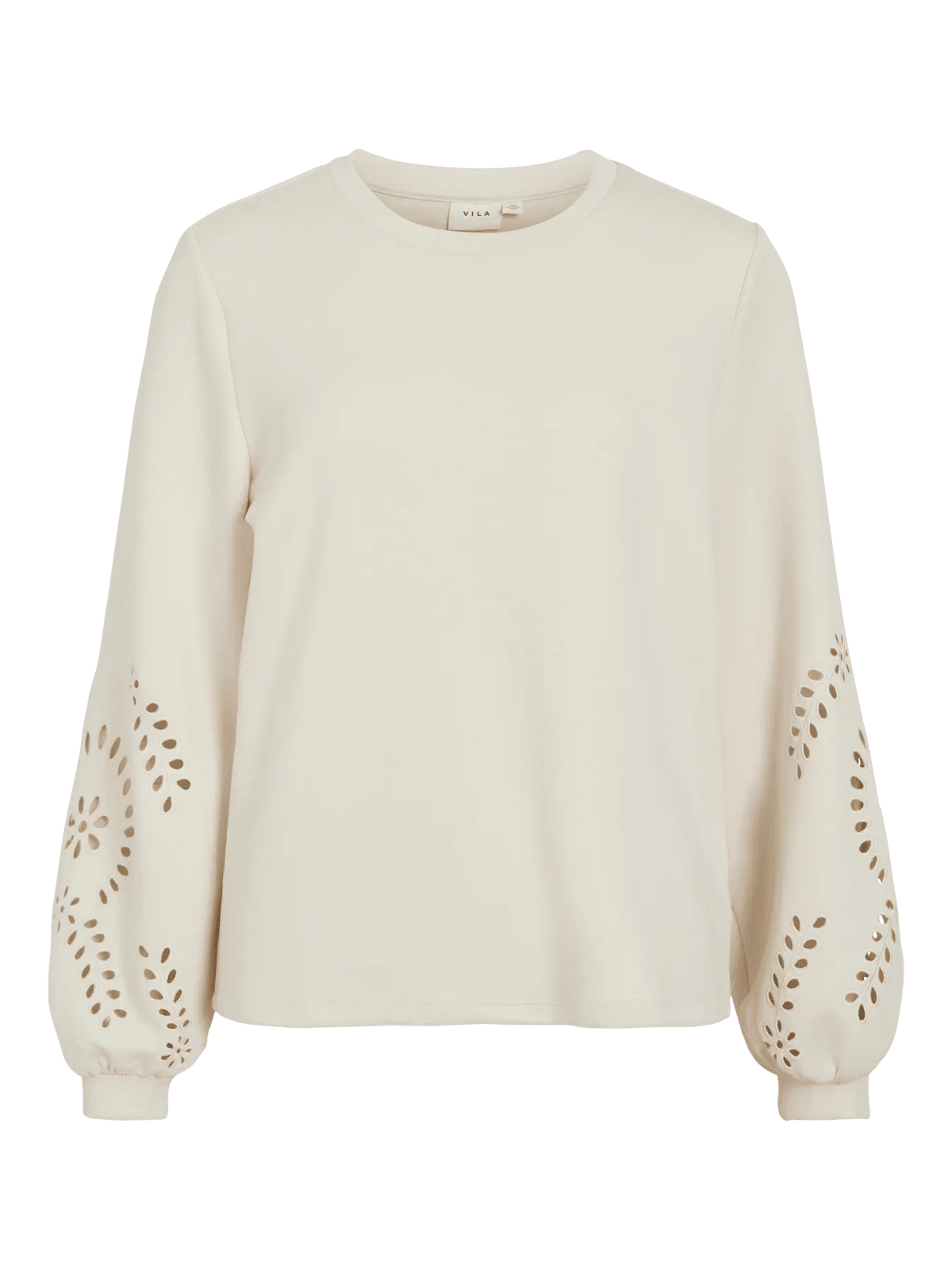 VILA Visandy off-white sweatshirt med rund hals og broderede ærmer med blomsterudskæringer.