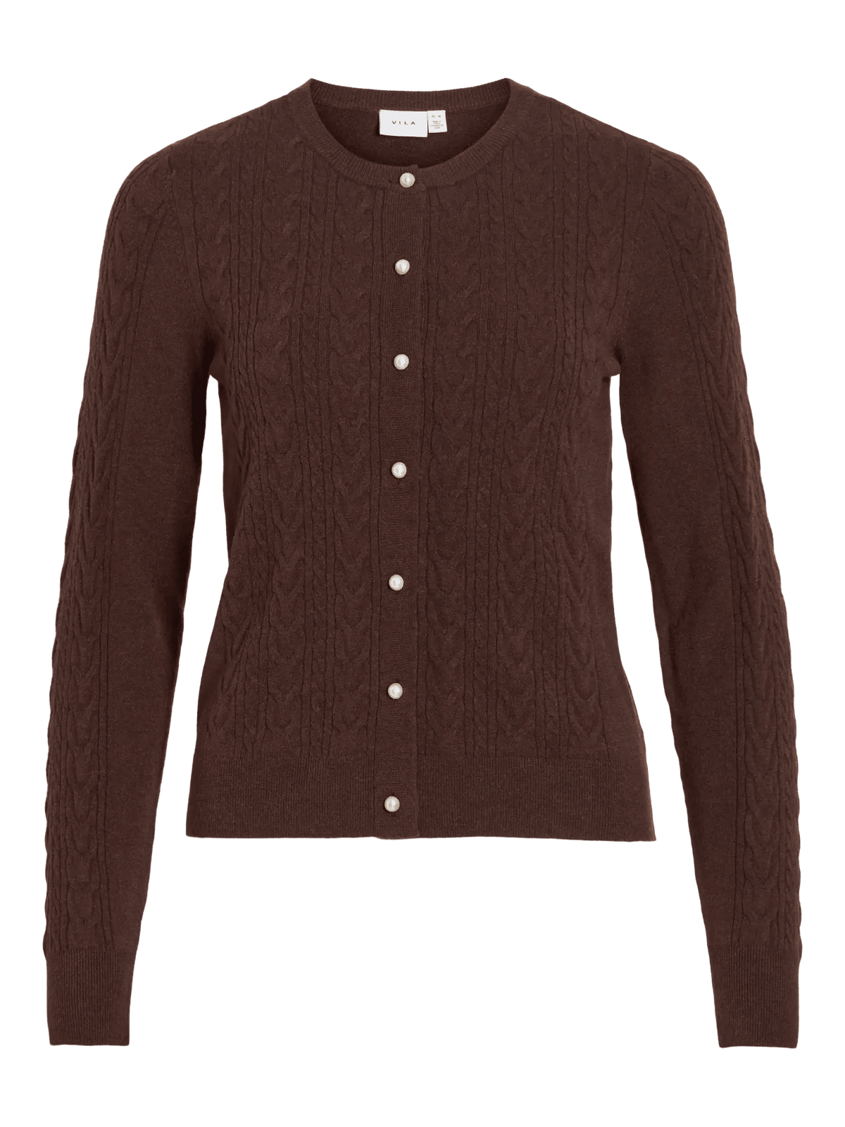 VILA Kerry mørkebrun cardigan med perleknapper og ribdetaljer – klassisk, enkel og ubesværet hyggelig.