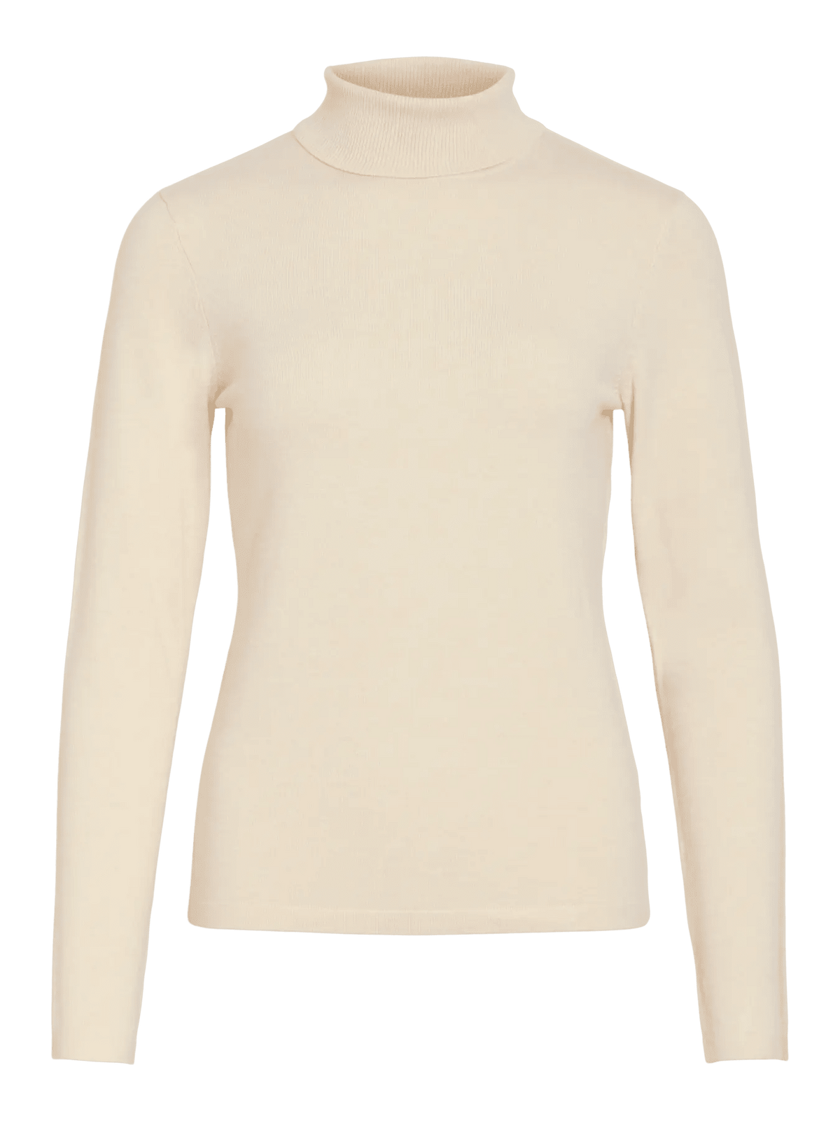 VILA Malu: Offwhite, finstrikket bluse med rullekrave og lange ærmer, vist på en enkel hvid baggrund.