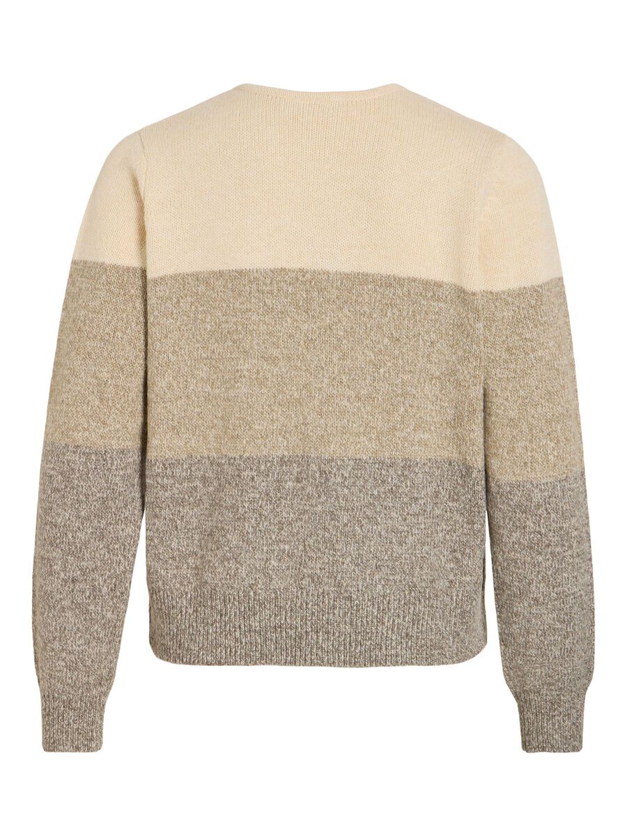 VILA – VISposa Stribet langærmet strikket cardigan med vandrette farveblokke i creme, lysebrun og brun.