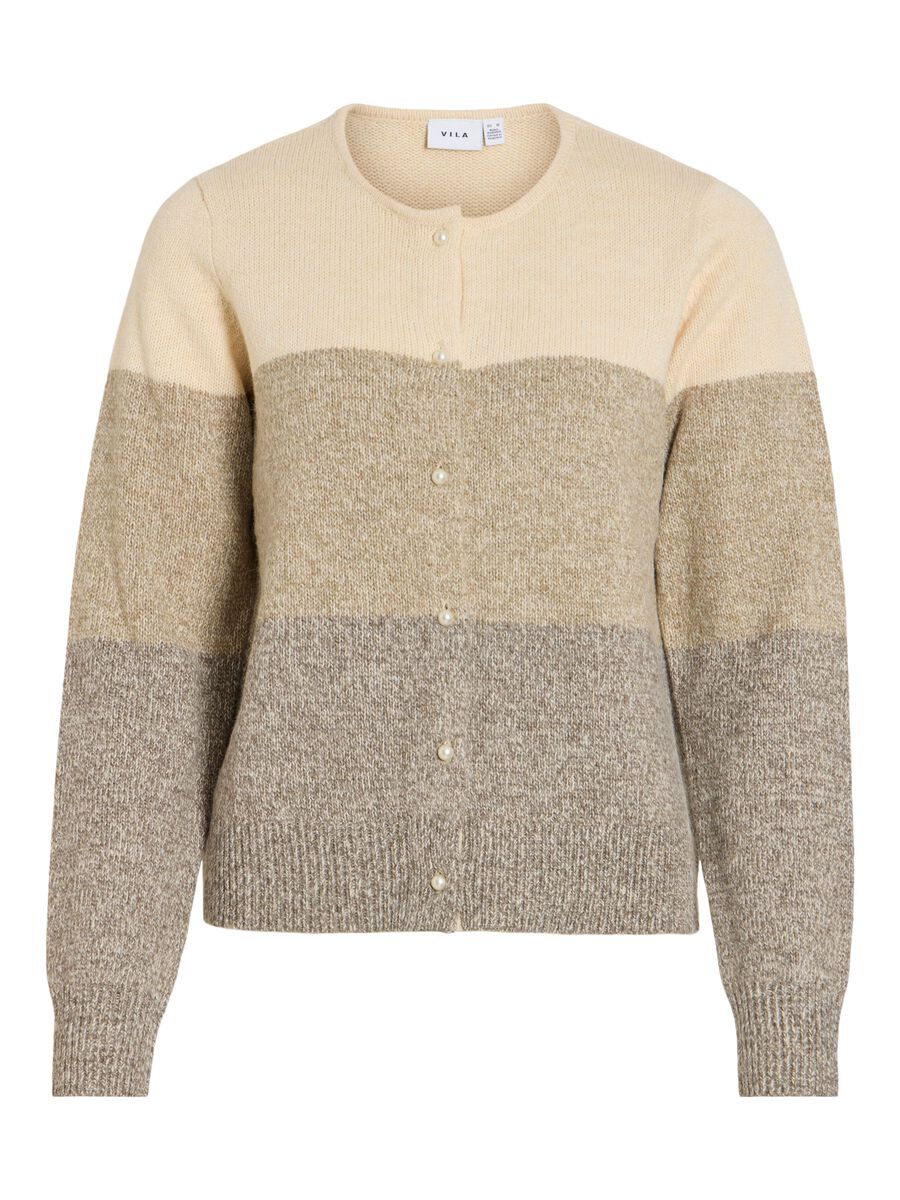 VILA – VISposa: Stribet strikket cardigan i beige, lysebrun og brun med farveblokke og knapper i perle-look.